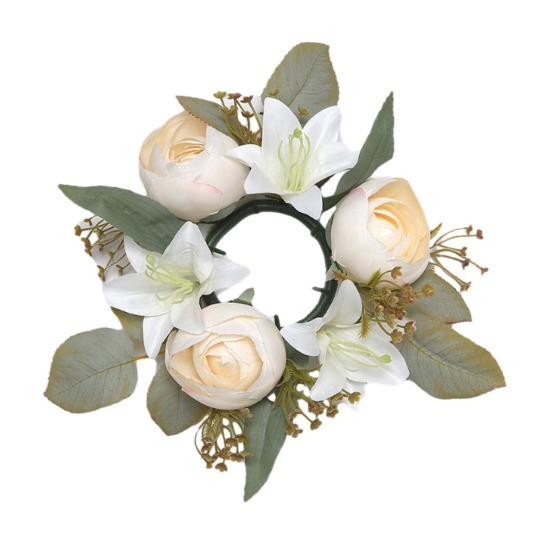Mini Artificial Wreath Candle Ring Realistic Faux Lily Rose Garland with Plastic Base Candle Wine Decoration Weddings Party Dining Table Centerpiece
