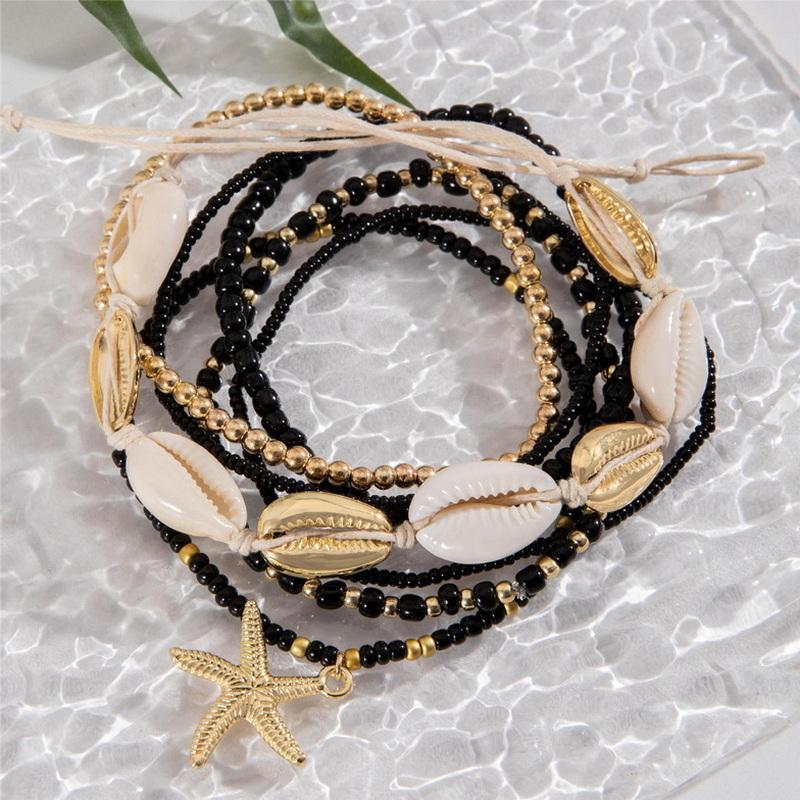 7Pcs Shell Starfish Pendant Rice Beads Beaded Anklet Set for Women Summer  Multi-layer Anklet Bohemian Jewelry Gifts