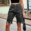 Women's High Waisted Distressed Bermuda Denim Shorts Knee Length Ripped Stretchy Jean Shorts with Pockets Frayed Hem Short Pants