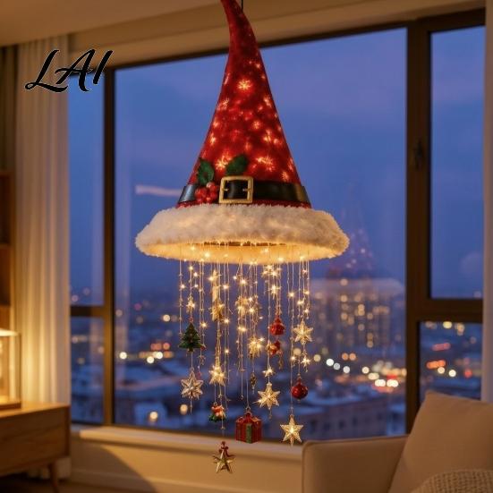 Reusable Xmas Entrance Decorations Lighted Santa Hat Hanging Chandelier Warm LED Christmas String Sequined Cone Pendant Decor with Housewarming
