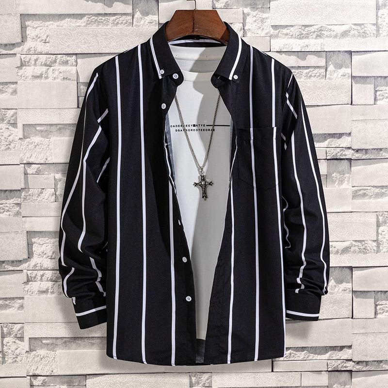 Spring and Autumn Vertical Striped Printed Shirt Men's Middle-aged and Young Comfortable Pocket Long-sleeved Shirt Men