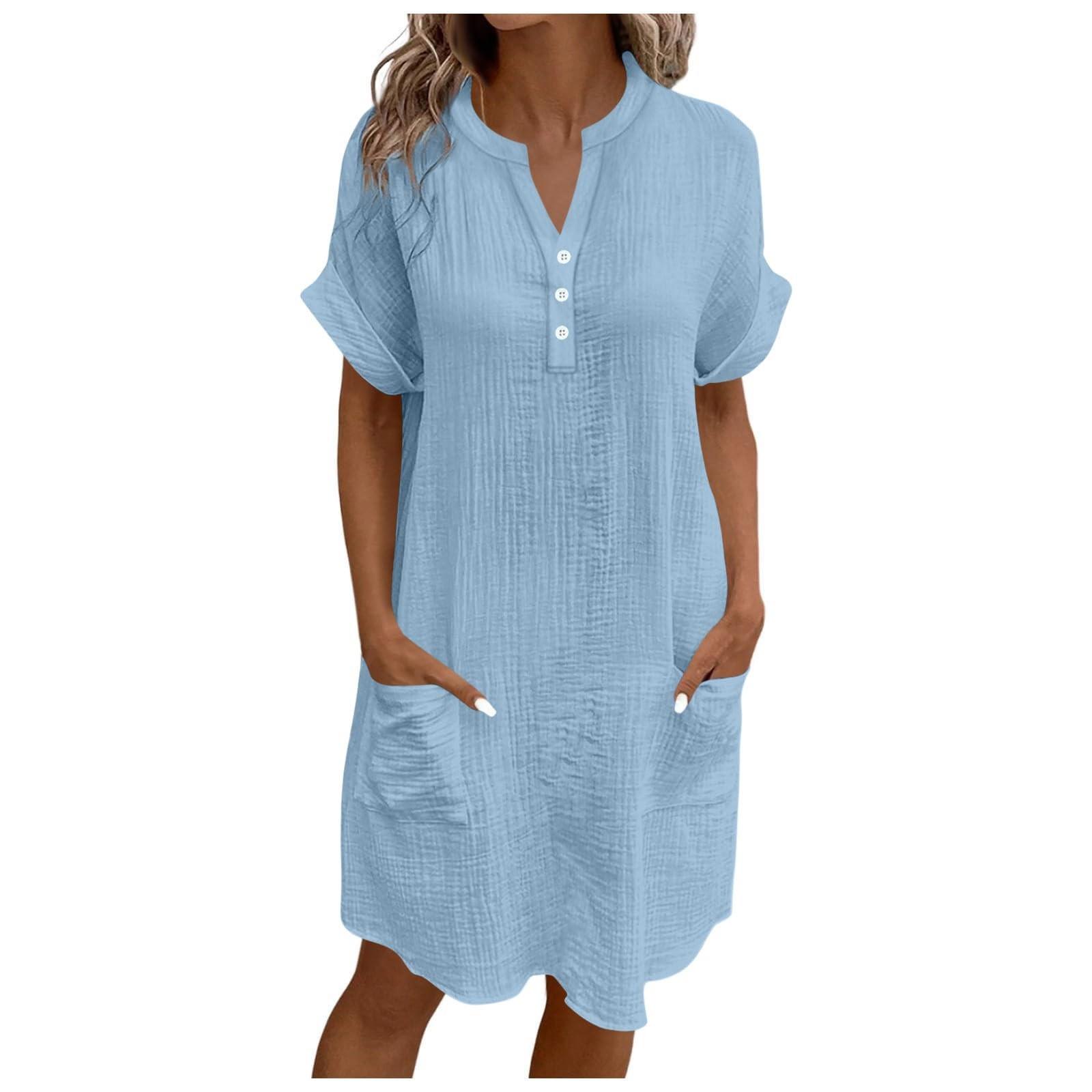 

Women s Dresses Loose Button V Neck Short Sleeve Trendy Casual Beach Dress With Pockets XXL