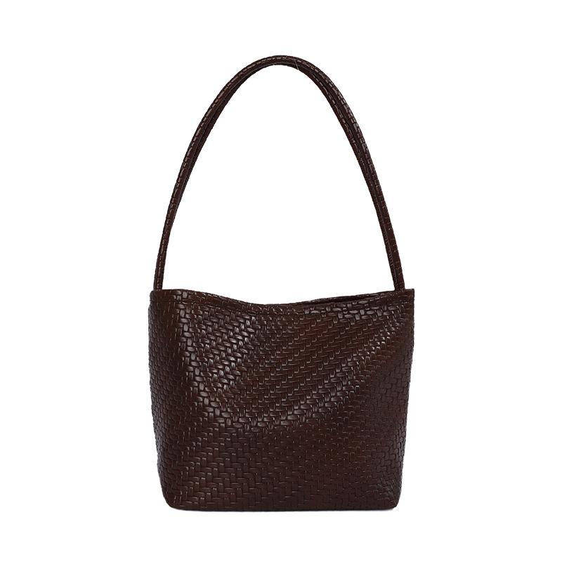 Damen gewebte PU-Eimertasche Minimalistische Umhänge-Handtasche für den täglichen lässigen Einkauf