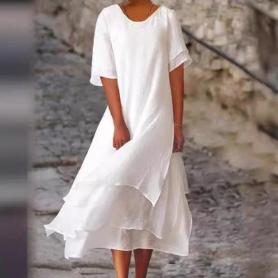Sommer Baumwolle und Leinen Doppelschicht Farbblock Schlitz Kurzarm Rundhals Kleid