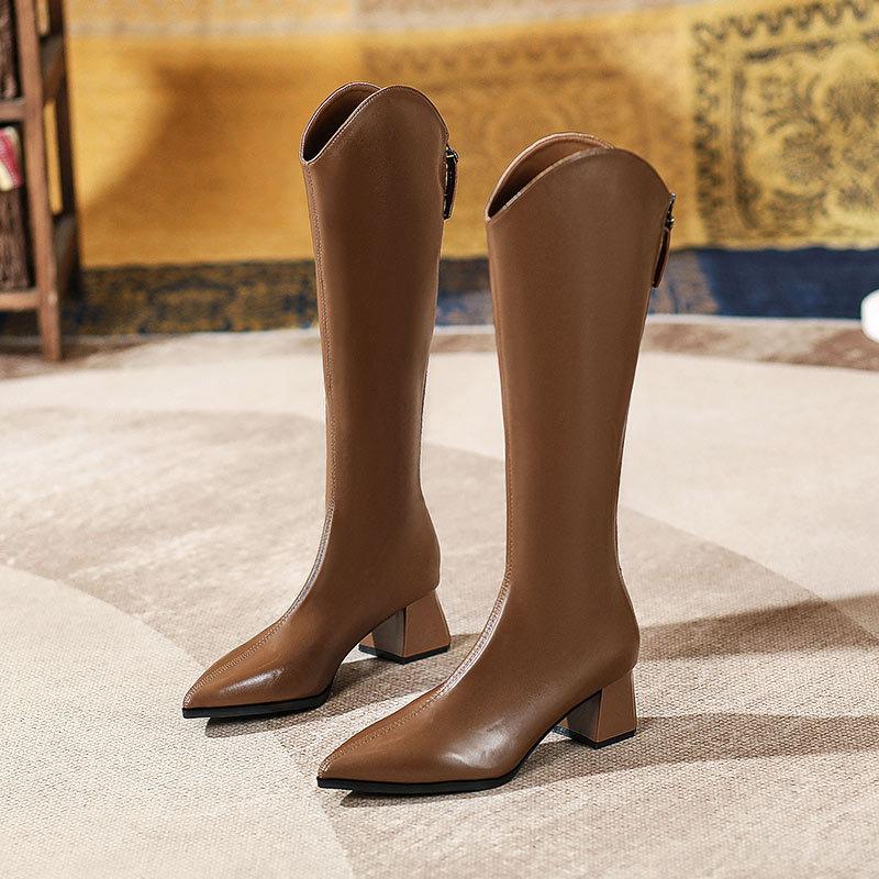 Boots Women's Thick Heel V-mouth Brown Pointed High Boots 2025 New Thin Boots But Knee Knight Boots