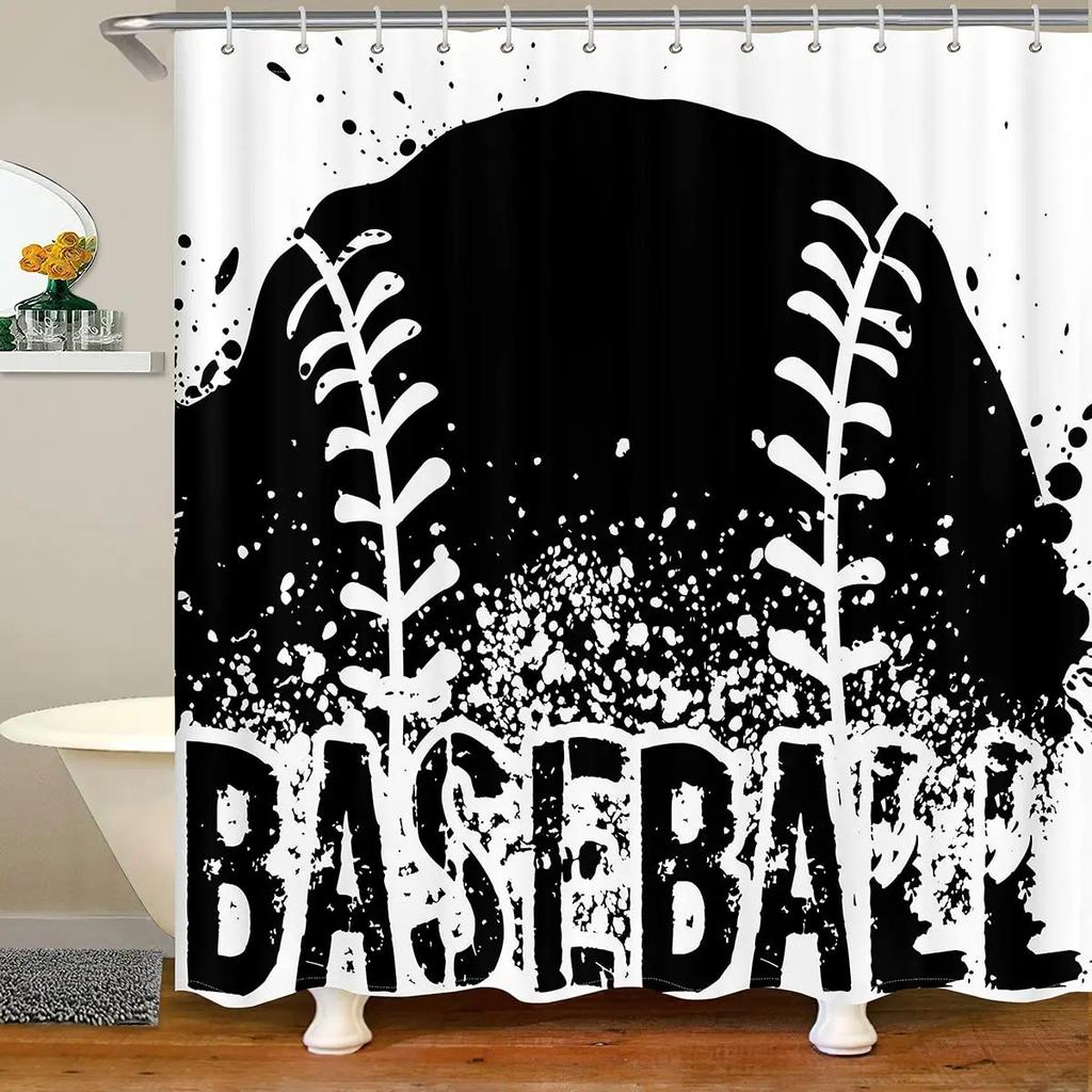 Baseball Shower Curtain Baseball Glove Sports Theme Polyester Fabric Bathtub Screen Home Decor Bathroom Curtains Set with Hooks