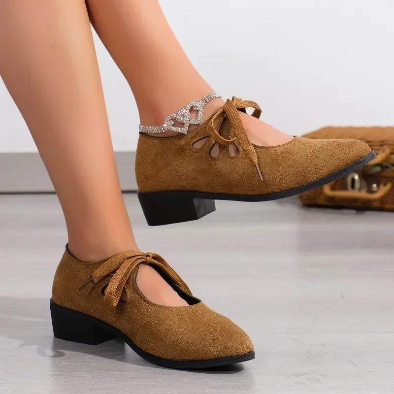 Fashion 2025 Hot Sale Women's Shoes Lace Up Women's Pumps Autumn Pointed Toe Shallow Solid Outdoor Casual Chunky Heels Large Size Shoes