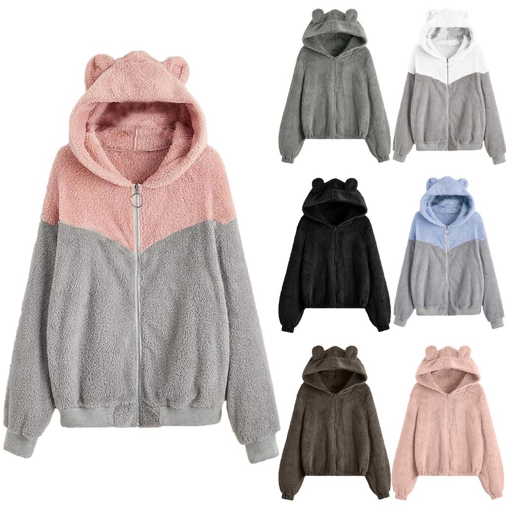 Women's Crew Neck Long Sleeve Hoodie Loose Fit Elegant Style Jacket Color Block Fuzzy Zip Up Casual Top