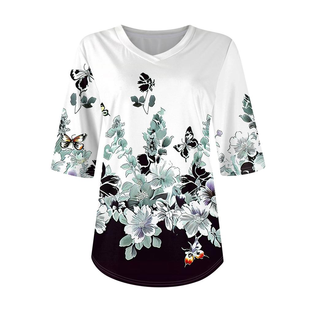 Modne koszulki damskie z dekoltem V, casualowe bluzki z nadrukiem, bluzki z półrękawem dla kobiet