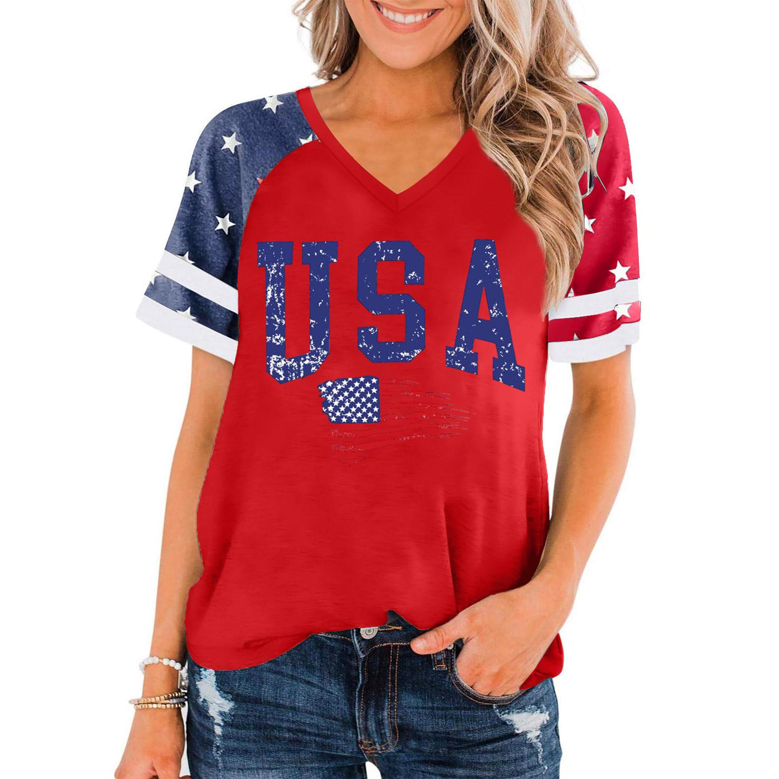 Women V Neck Pullover Short Sleeve Casual T Shirt USA Print Raglan Sleeve Top Summer Tee S