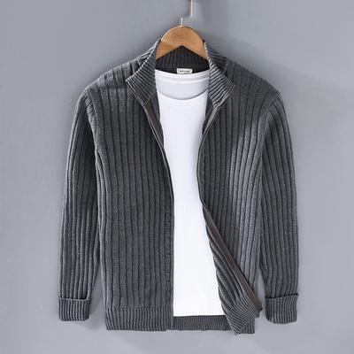 Podzim Zima Nový Pánský Svetr Kardigan Pánský Stojáček Zip Bavlna 100% Zesílená Pletenina Jednobarevný High Street Oblečení