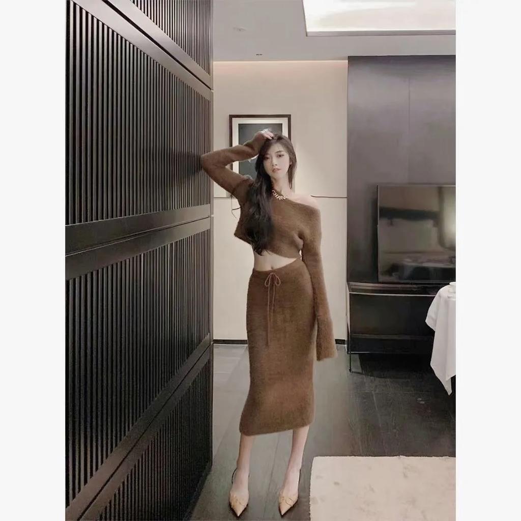 Woman Winter Skirt Sets O-neck Solid Knitted Sweater Mid-calf Skirts Vintange Fashion Two Piece Sets Womens Outifits