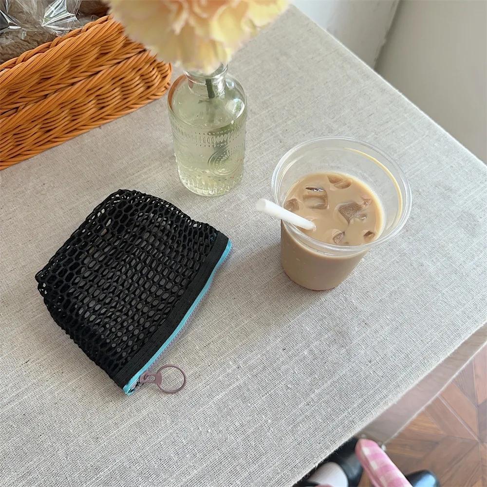 Small Transparent Mesh Coin Purse Bags Color Contrast Zipper Lipstick Cosmetic Small Storage Bag Keychain Earphone Bag Case