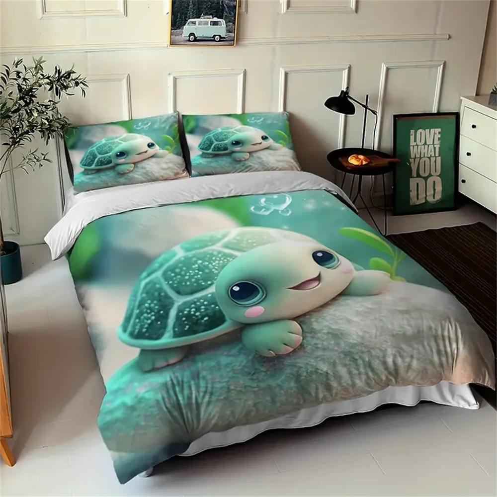 Cartoon Turtle Themed Duvet Cover Set - Breathable Soft Polyester Bedding with Zipper Closure, Digital Print, Knitted