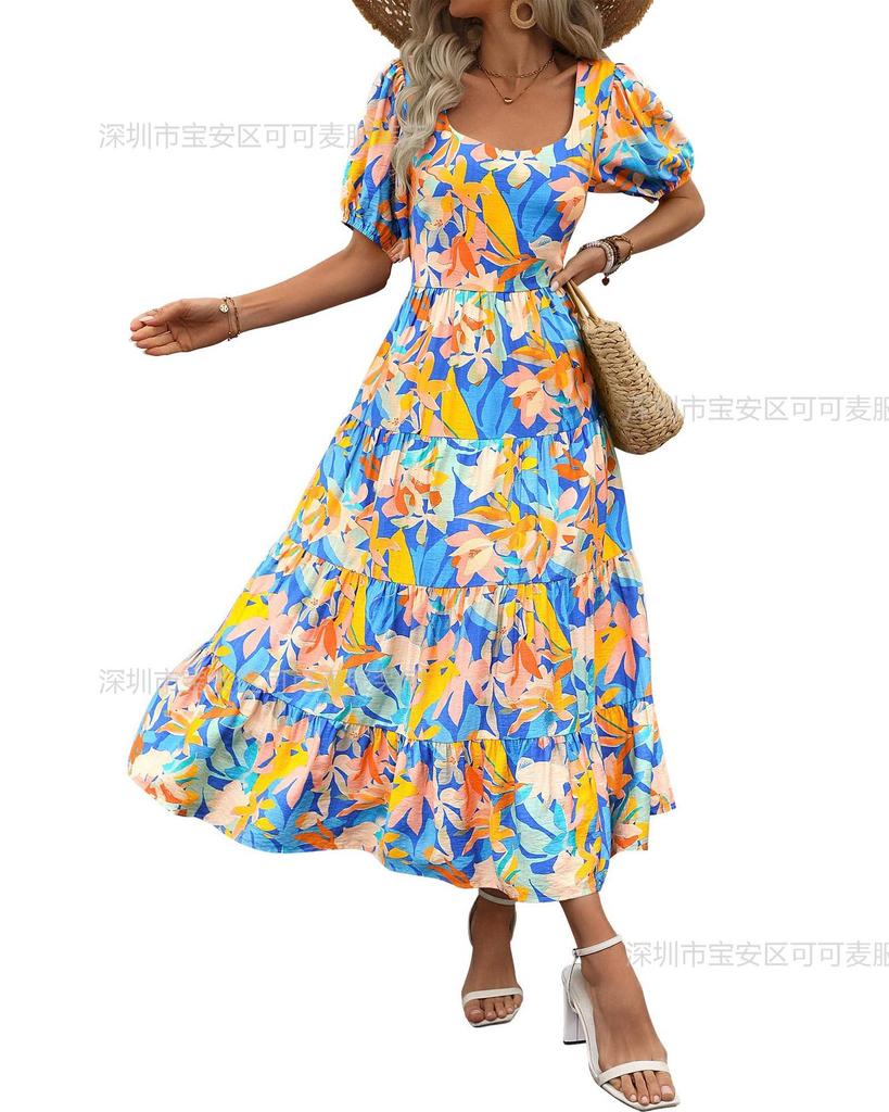 2 New bubble sleeve pleated backless printed high waist short sleeve dress women