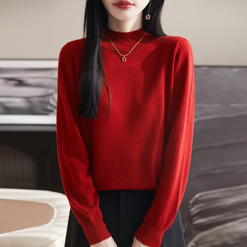 

Женский вязаный свитер из 100% чистой шерсти: Осенне-зимний базовый слой с высоким воротом XL красный