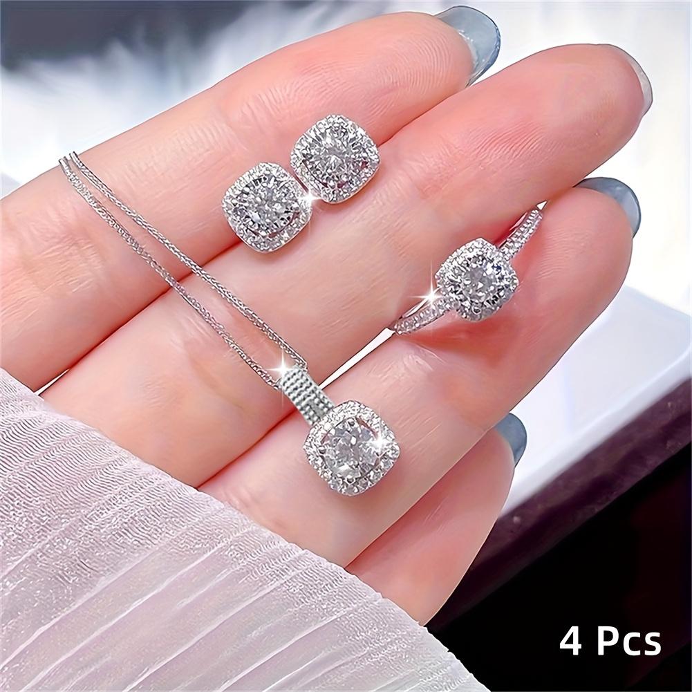 

4pcs Cubic Zirconia Jewelry Set, Sparkling Necklace Ring Earrings - Fashion Gift for Women, Daily Party Wear белый