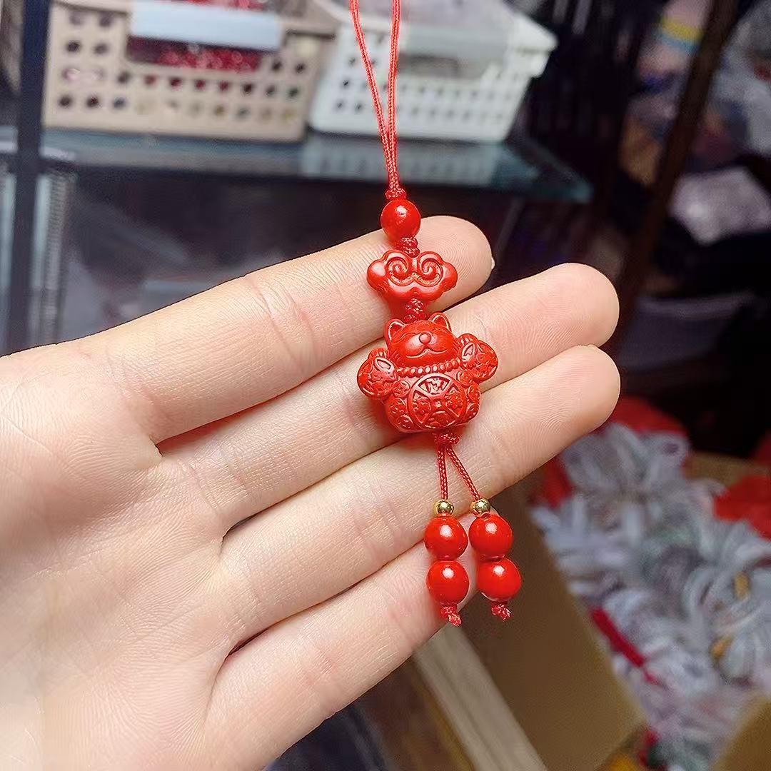Cinnabar Red Lucky Cat Zodiac Phone Charm - Unisex Personalized Ornament