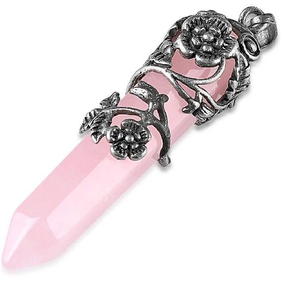 Top Plaza Antique Silver Flower Wrapped Natural Rose Quartz Healing Crystal Necklace Mothers Day Mom Gifts