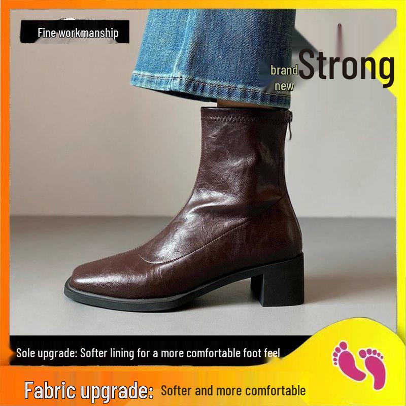 Women's 2025 Retro Slimming Leather Ankle Boots - Chunky Heel, Thick Sole, Versatile Martin Boots for Small Sizes