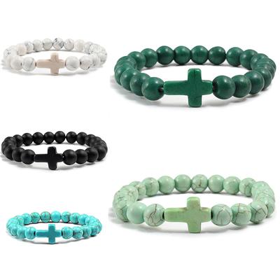 Men Women Jewelry Gift Bracelet Beaded Bracelets Handmade 1PC Prayer Natural Stone Cross Charm Matte  Accessories