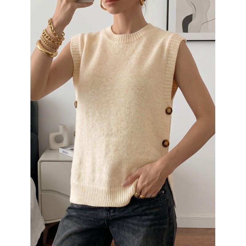 Womens Knit Vest Sweater Sleeveless Round Neck Cardigan Top Casual Streetwear