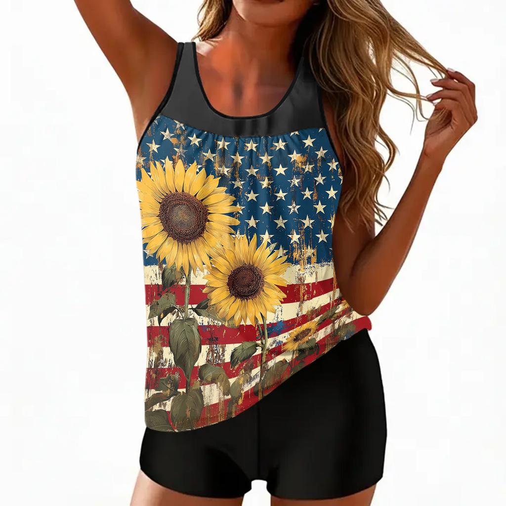 Womens Sleeveless Tankini Top Two Piece Swimwear Set 2026 Summer Fashion Floral Printed Crewneck Causal Tunic Swim Top