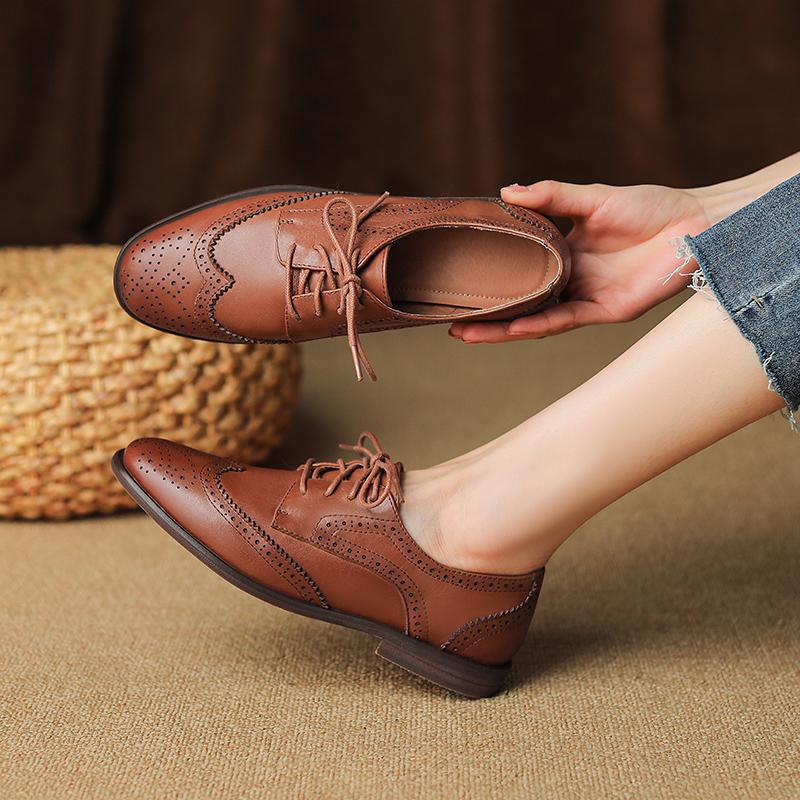 Fashion Women Oxford Low Heel 2025 Spring Shoes for Woman Genuine Leather Brogues Vintage Lace Up Loafers Casual Black Brown Girls Shoes