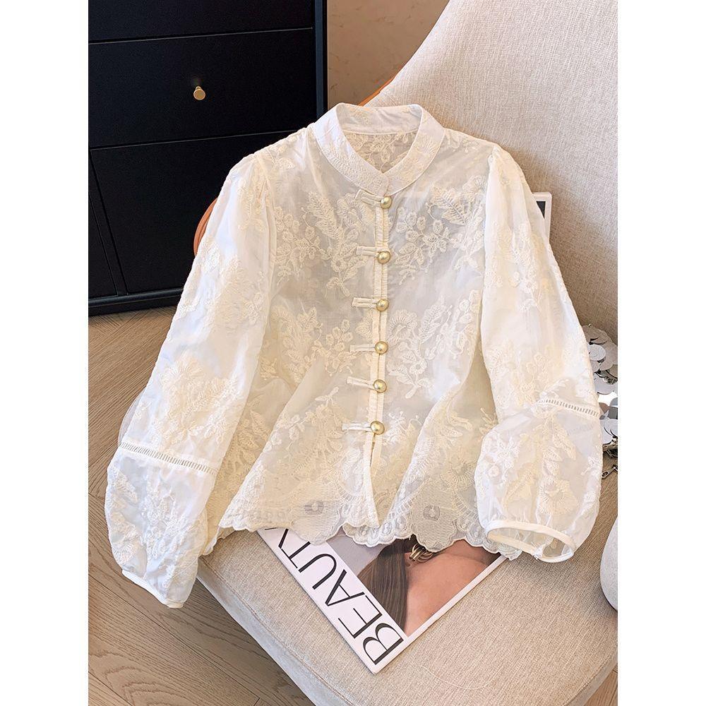 2025 New Stand-up Collar Lace Shirt Top Embroidered Shirt Sunscreen Shirt