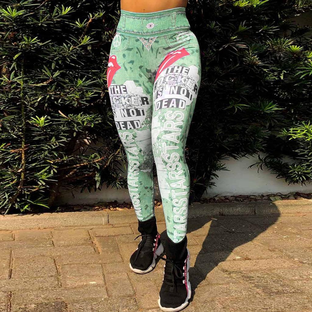 New Women's Big Tongue Letter Print Yoga Pants High Waist Faux Denim Fitness Pants Exercise Yoga