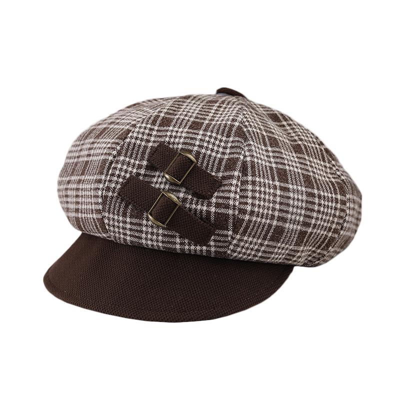 Early spring hat women's new autumn and winter octagonal hat versatile British retro plaid Bere newsboy hat