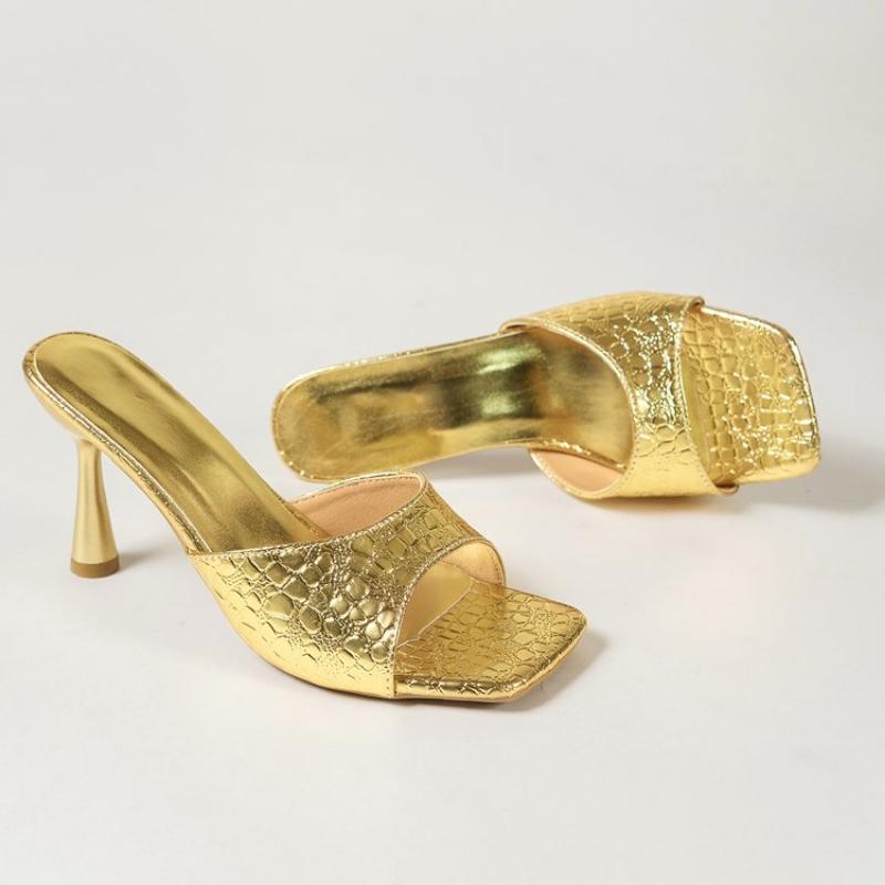 

Женские Сексуальные Туфли на Высоком Каблуке Летние Новые Модные Туфли с Квадратным Носком Сандалии 2025 Платье Вечеринка Повседневные Лодочки Шлепанцы Mujer Слайды 36 золотой