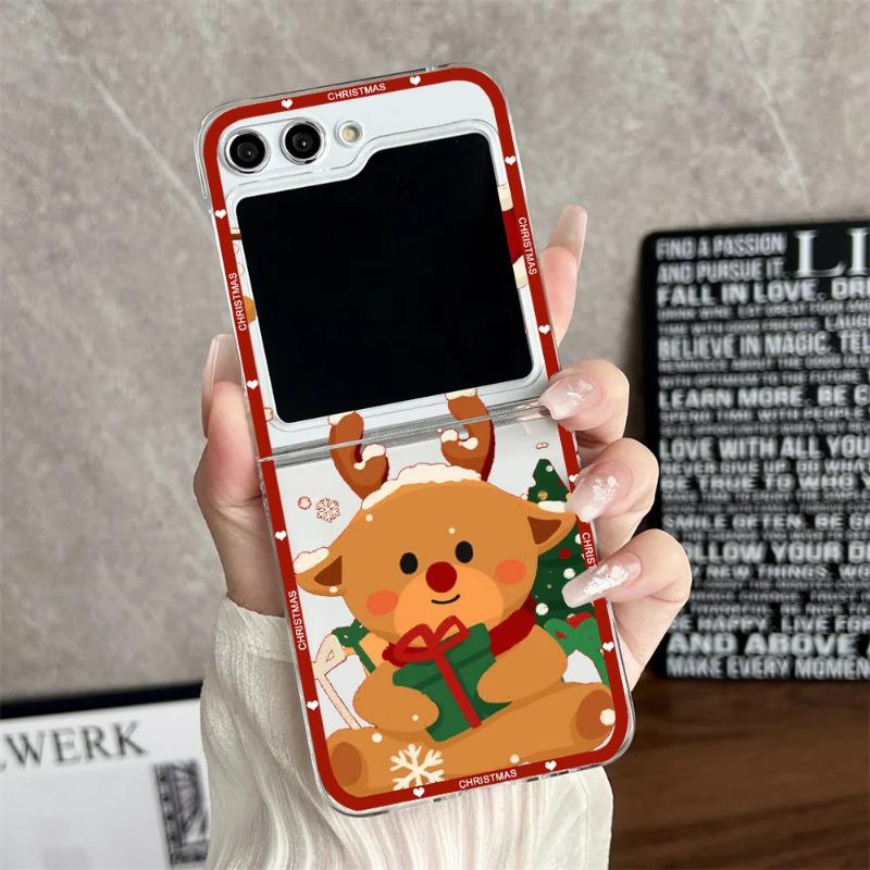 Luxury Cartoon Christmas Phone Case for Samsung Galaxy Z Flip 6 5 4 Simple Santa Transparent Hard PC Cover for Zflip6 Shell