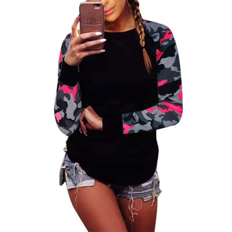 

European and American spring and autumn round neck camouflage print long-sleeved T-shirt bottoming shirt for women S