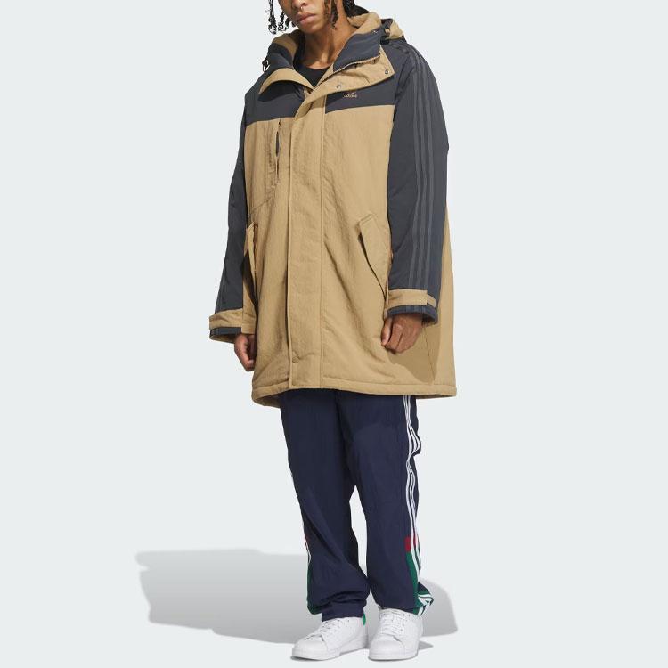 Adidas Originals FW23 Winter Collection Color Block Snap Button Mid-Length Hooded Cotton Jacket Men Outerwear Cardboard-Yellow IU4790