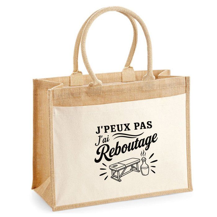 Sac Cabas Jute avec Poche J’peux pas j’ai Reboutage J'peux pas minimaliste | Toile de Jute et Coton 21 L Fond Plat Anses 65 cm