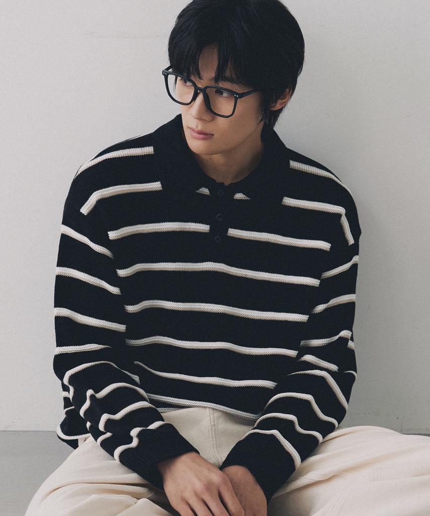 NODU Multi-Color Block Collared Stripe Knit T-Shirt [Black]