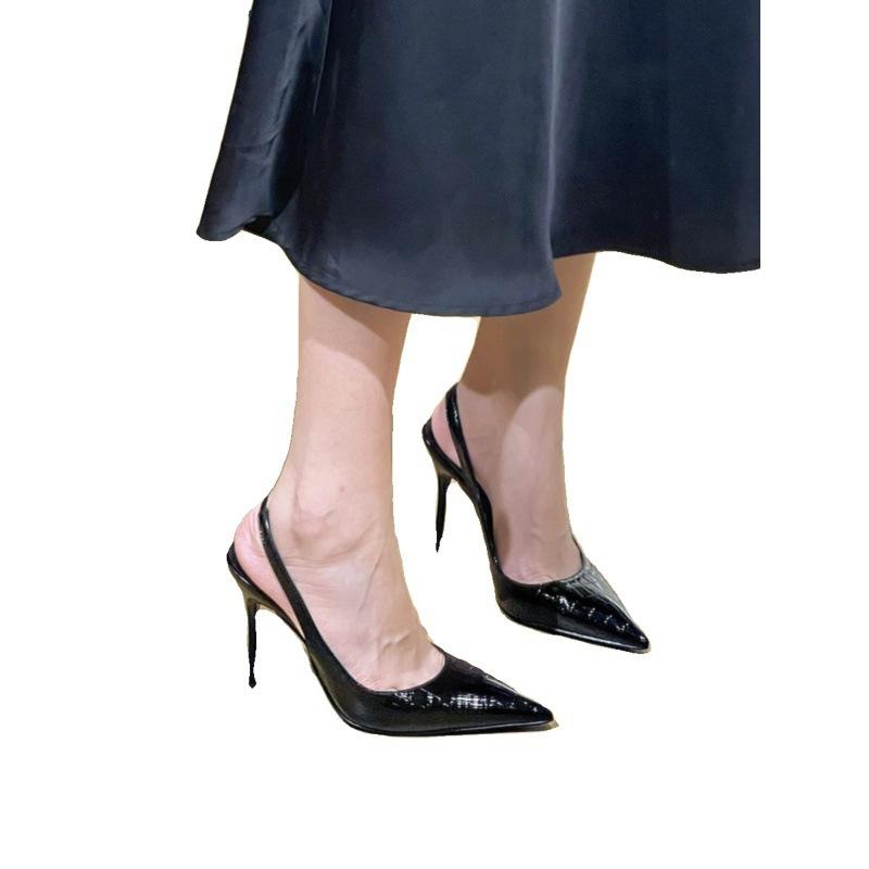 Schwarze Temperament High Heels Damen 2024 neuer Herbst dünner Absatz spitz zulaufend Französisch leichter Mund Einzelne Schuhe vielseitige hinten offene Sandalen