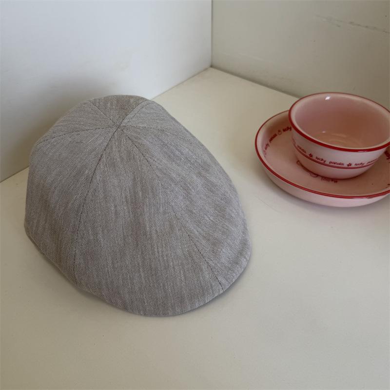 Retro linen gray forward hat women's summer casual versatile fashion cap showing face small literary beret