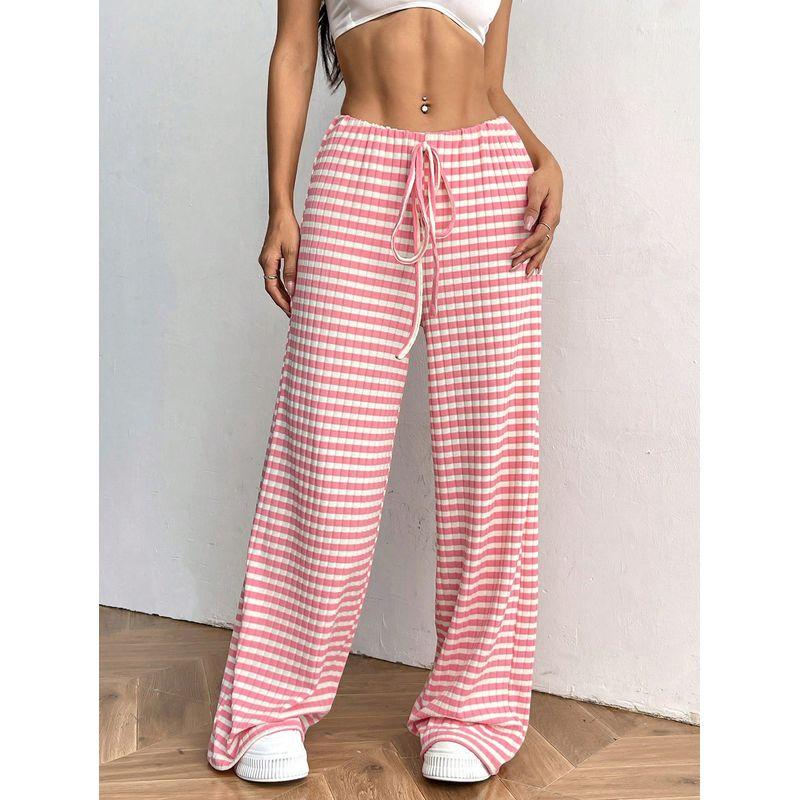 

Straight Casual Pants Autumn European Beauty New Casual Stripe Drawstring Cotton Straight Casual Pants Pink White Stripes XXL