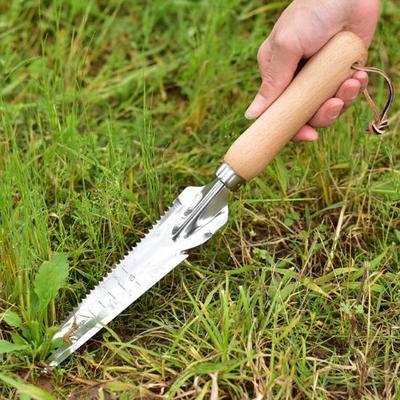 5-in-1-Gartenkelle, Unkrautentferner aus Edelstahl mit Holzgriff, Mehrzweck-Handjäter zum einfachen Entfernen von Unkraut, Pflanzen und Umpflanzen