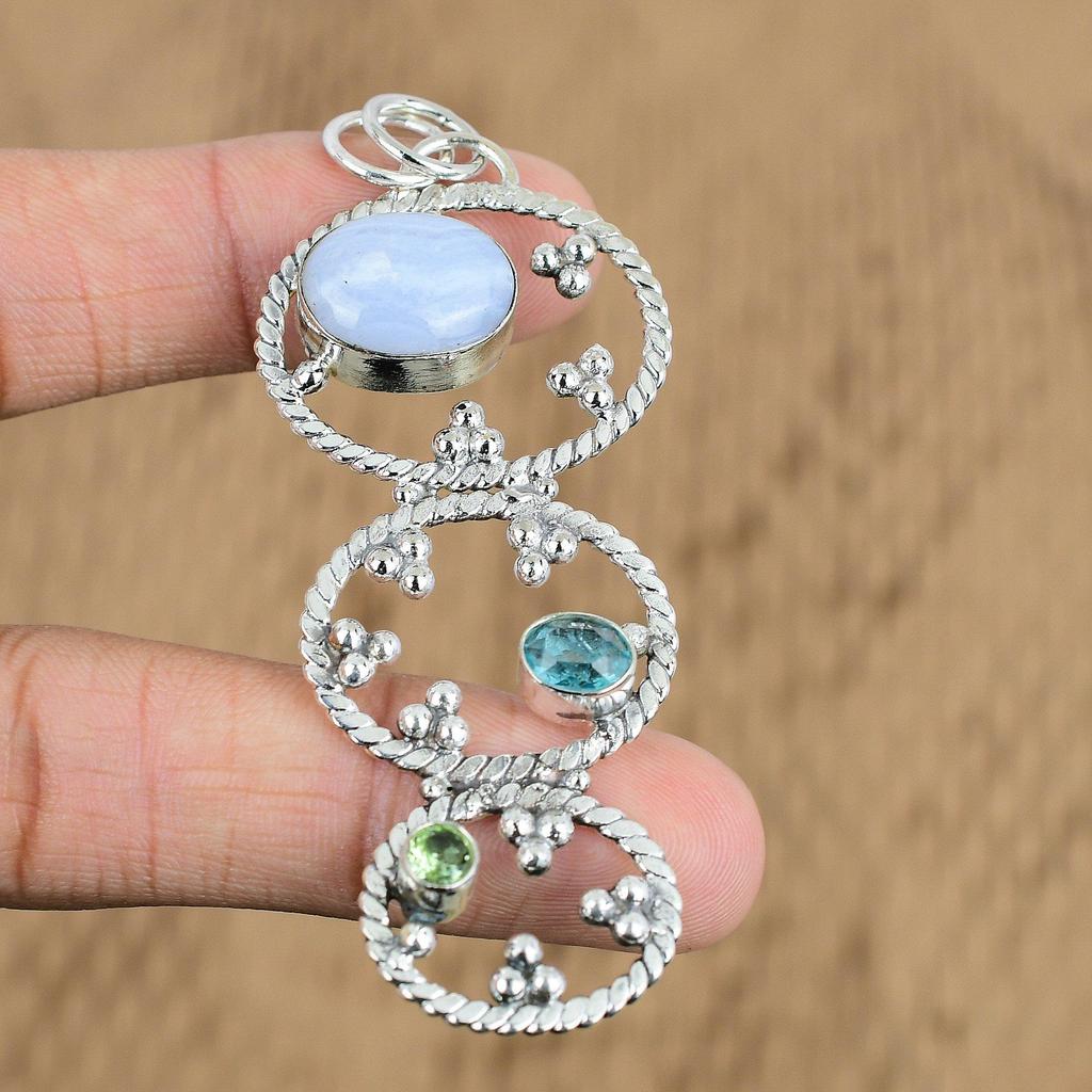 Natural Blue Lace Agate Gemstone Pendant 925 Sterling Silver Jewelry For Women