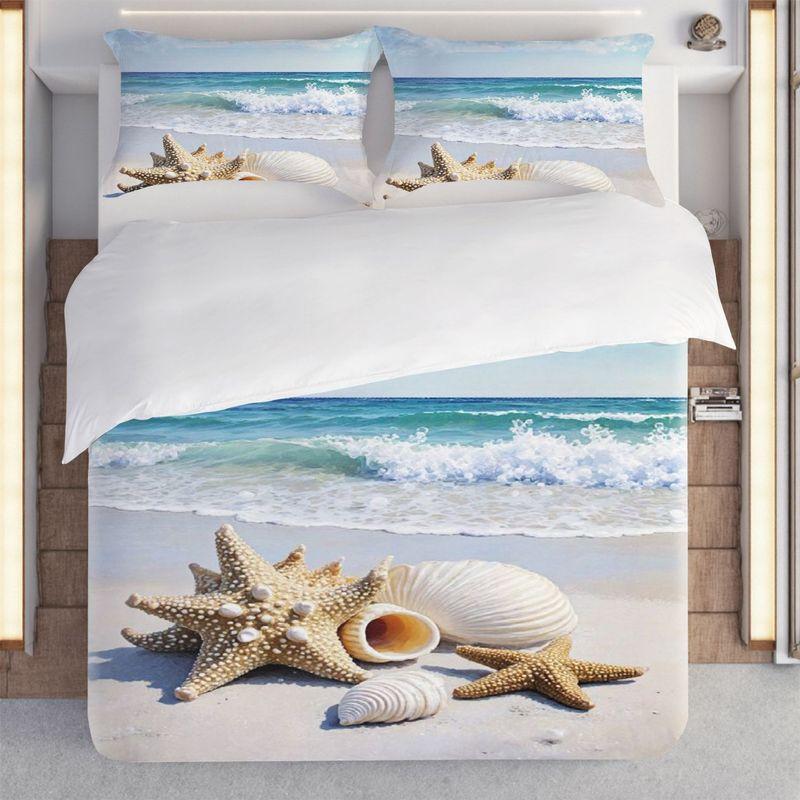 Pillowcase Quilt Cover 3-Piece Bedding Serene Beach Scene Pattern,Washable,Durable,Spring/Summer