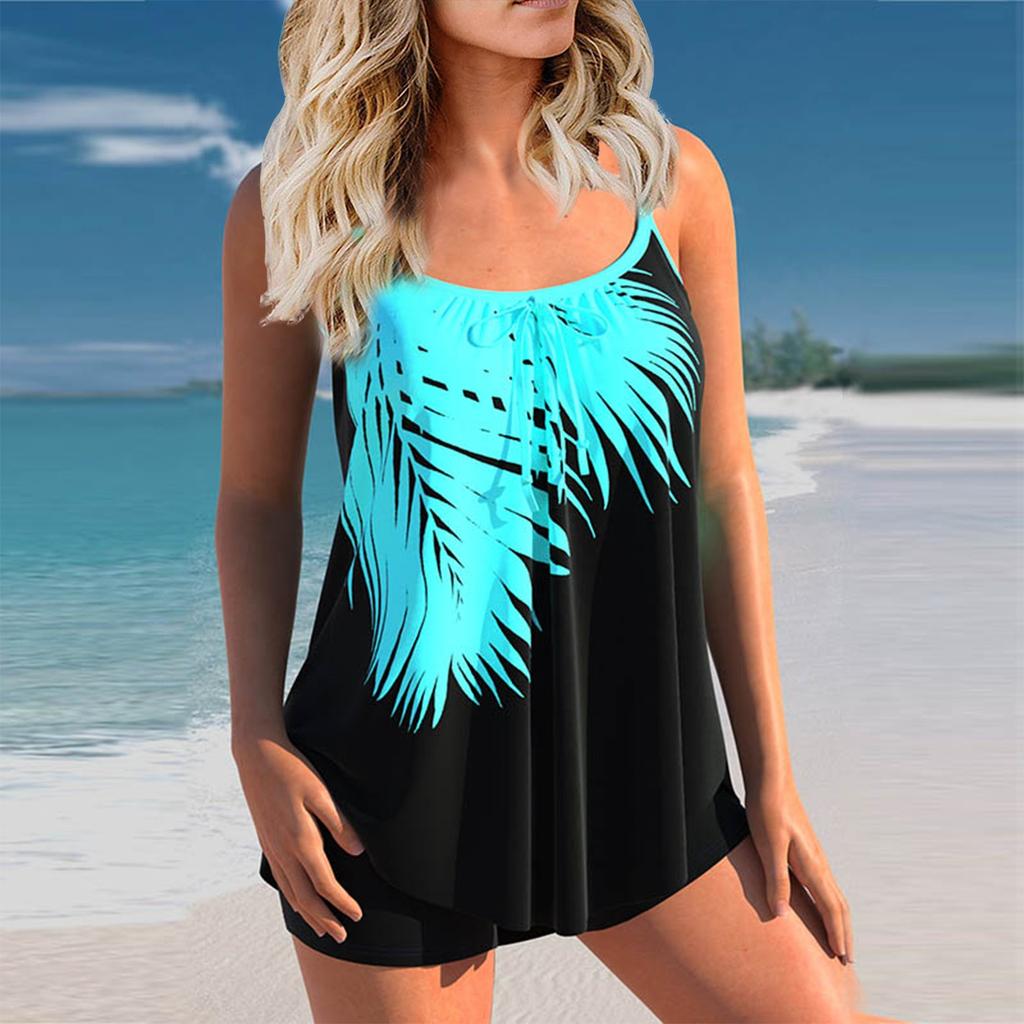 Women's Sexy Slim Fit Printed Sling Split Boxer Shorts Bikini Plus Size Swimsuit (Two Piece)