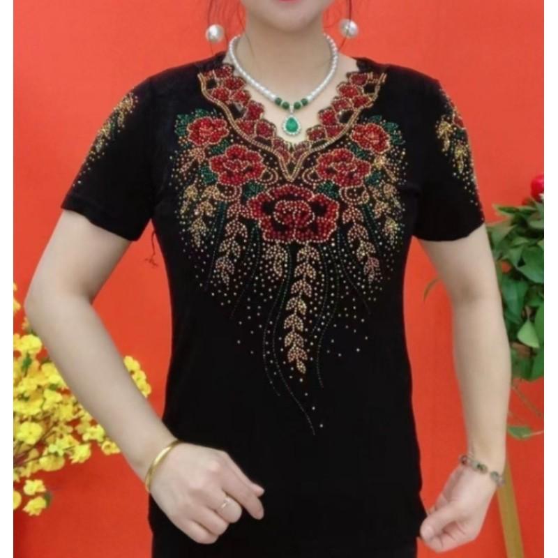 Women's Summer Hot Diamond V-neck Short Sleeved High Elasticity Slim Fit Temperament Base Shirt, Slimming and Casual Plus Size T-shirt