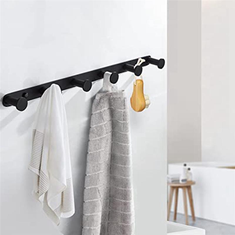 Black Towel Hook, Bathroom Wall Hook Rack with 6 Hooks Bedroom Coat Hook Kitchen Robe Hanger Wall Mount