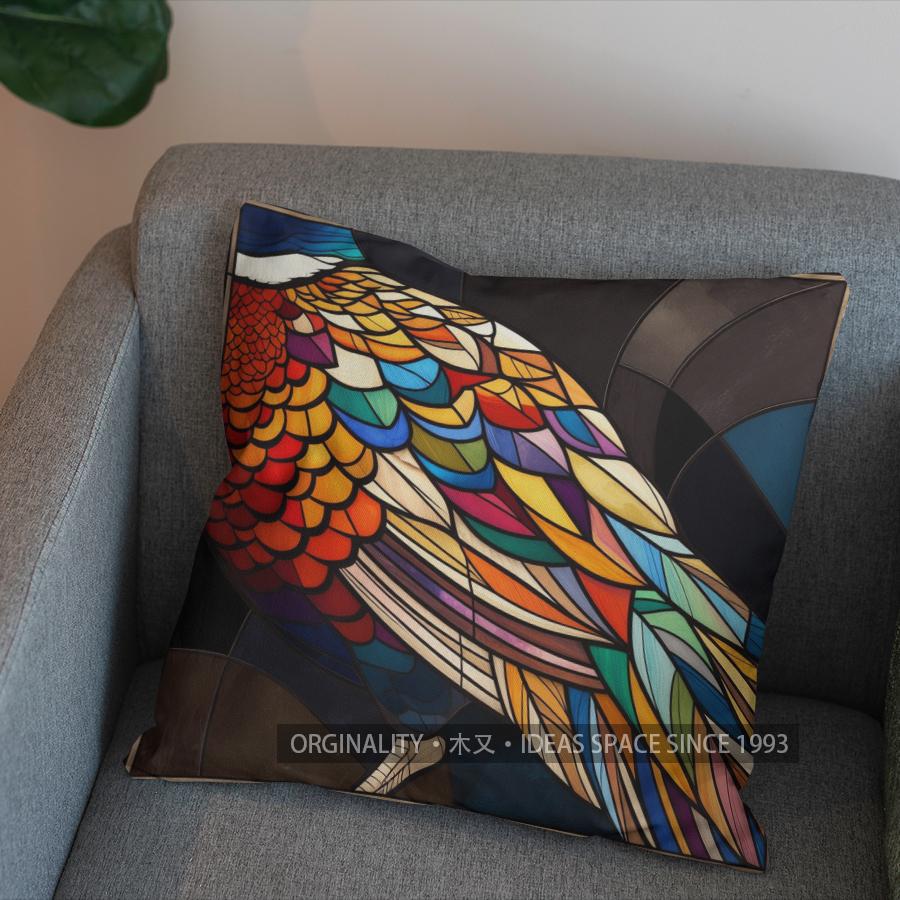 2D Stained Glass Pheasant Design Decorative Pillow Pattern Cushion Cover Suitable For Sofa Bedroom Car Pillow Cover