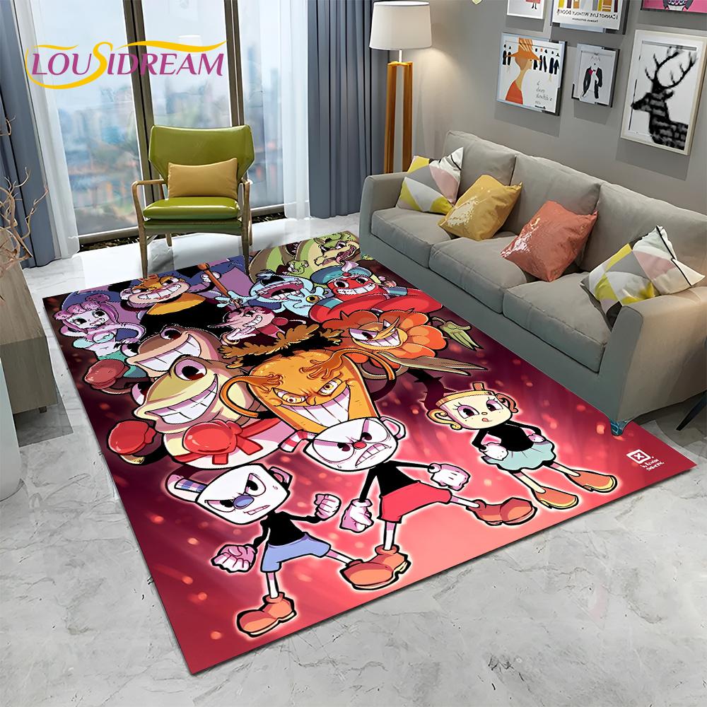 3D Cuphead Mugman Oyunu Gamer HD Halı Kilim Ev Oturma Odası Yatak Odası Kanepe Paspas Dekor, çocuk Oyun Alanı Kilim kaymaz Zemin Mat