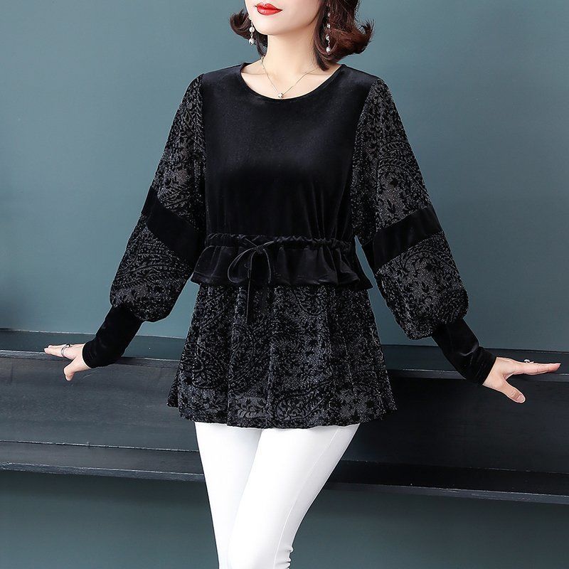 

Винтажная элегантная футболка с рукавами-фонариками с флоковым принтом, новинка весны, женская, со сборками, на шнуровке, модная, комбинированная, однотонная 5XL чёрный