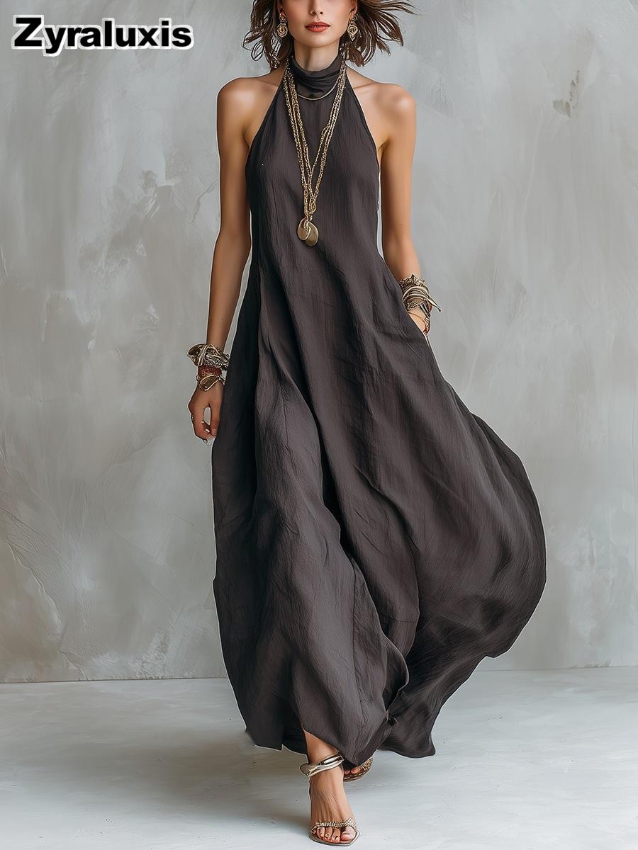 Summer Bohemian Style Off-Shoulder Loose Long Dress for Women, Elegant and Flowing V-Neck Gown XS серый